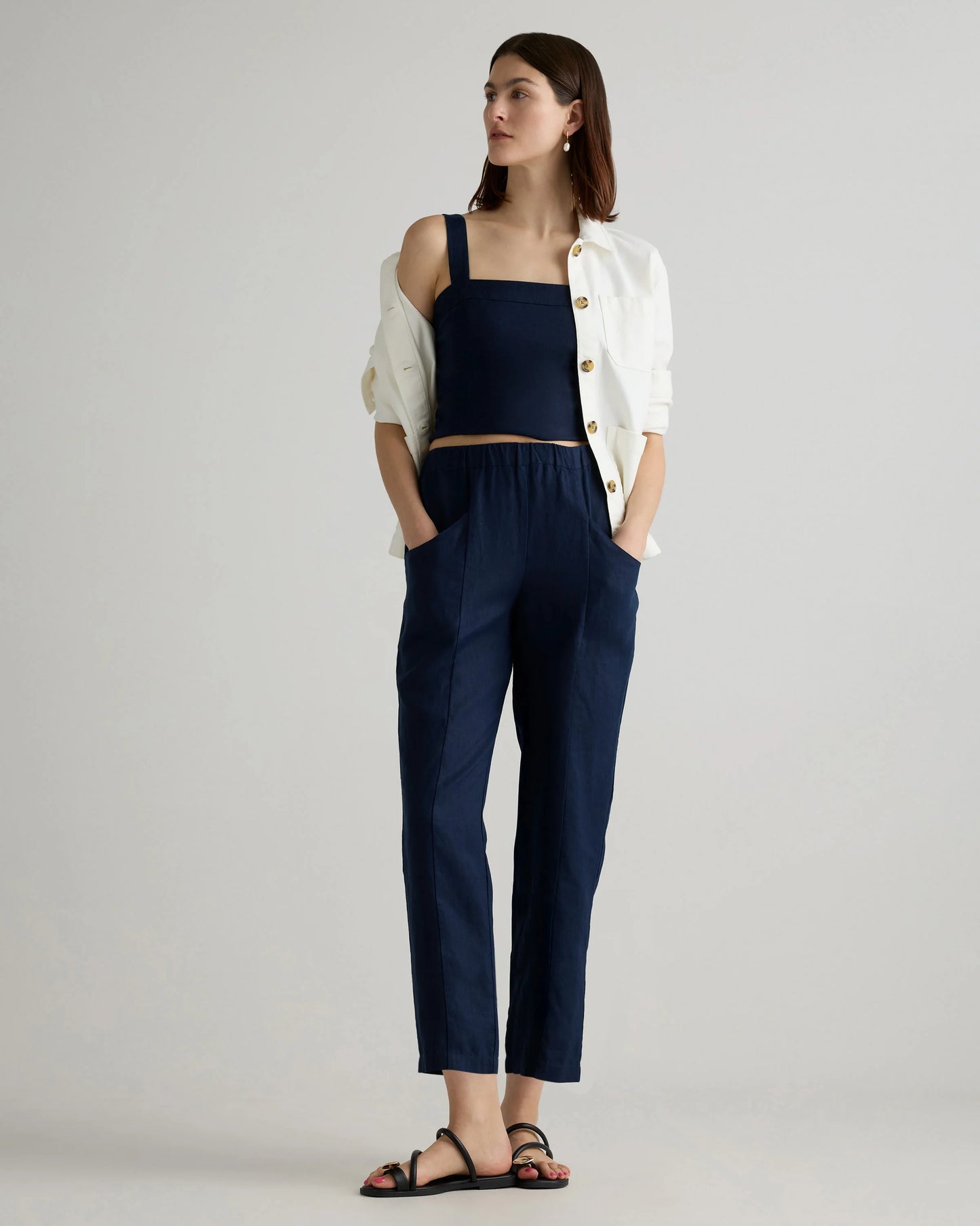 100% European Linen Tapered Ankle Pants - XS / Blue Pinstripe