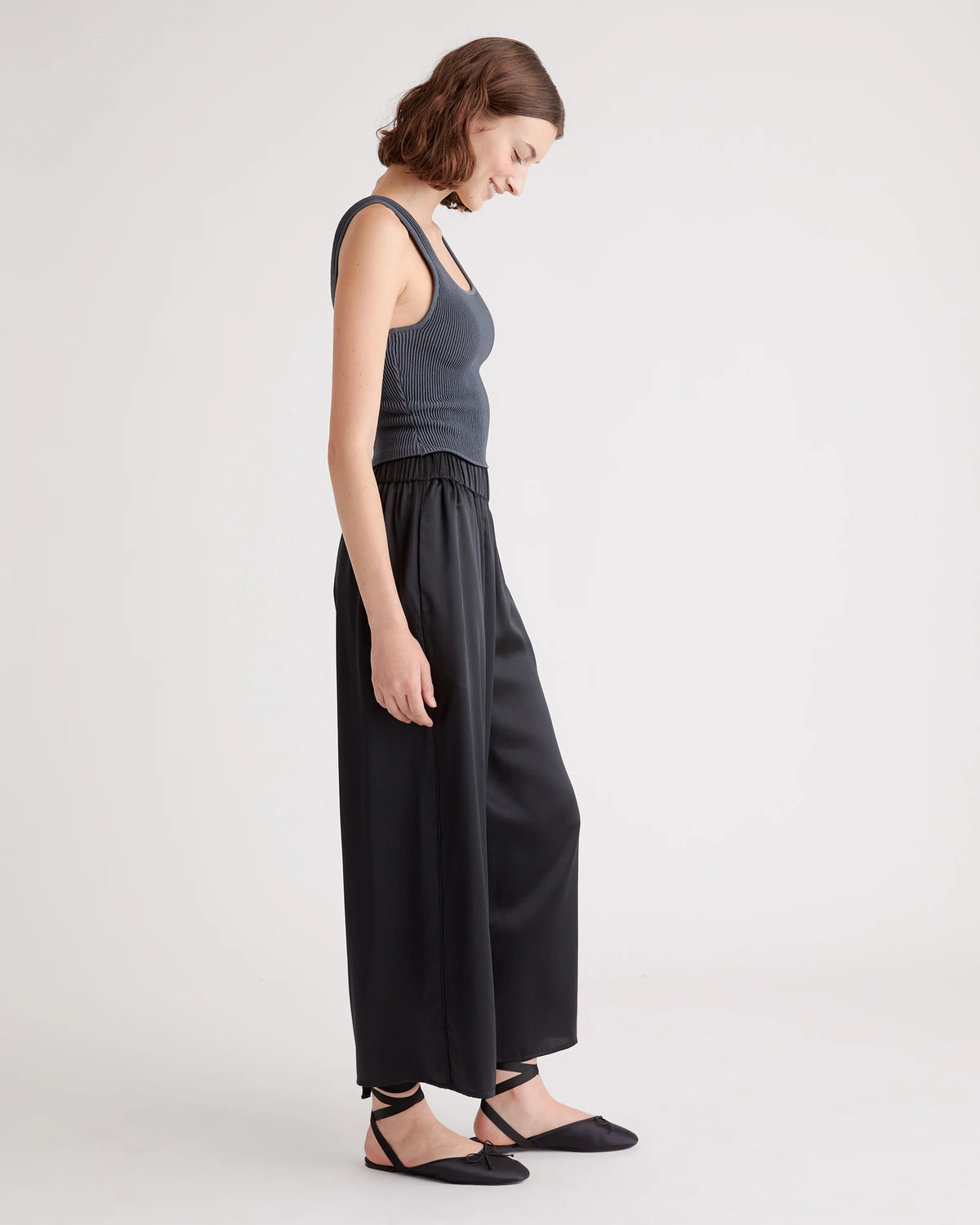 100% Washable Silk Cropped Wide Leg Pant - XS / Black