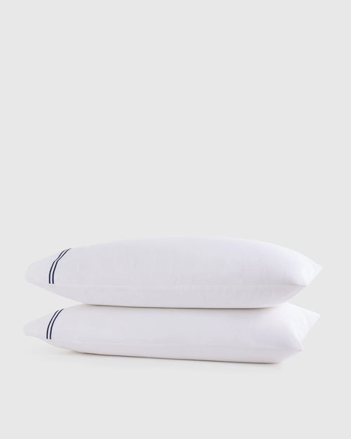 Organic Crisp Percale Embellished Pillowcase Set - Standard / White/Navy