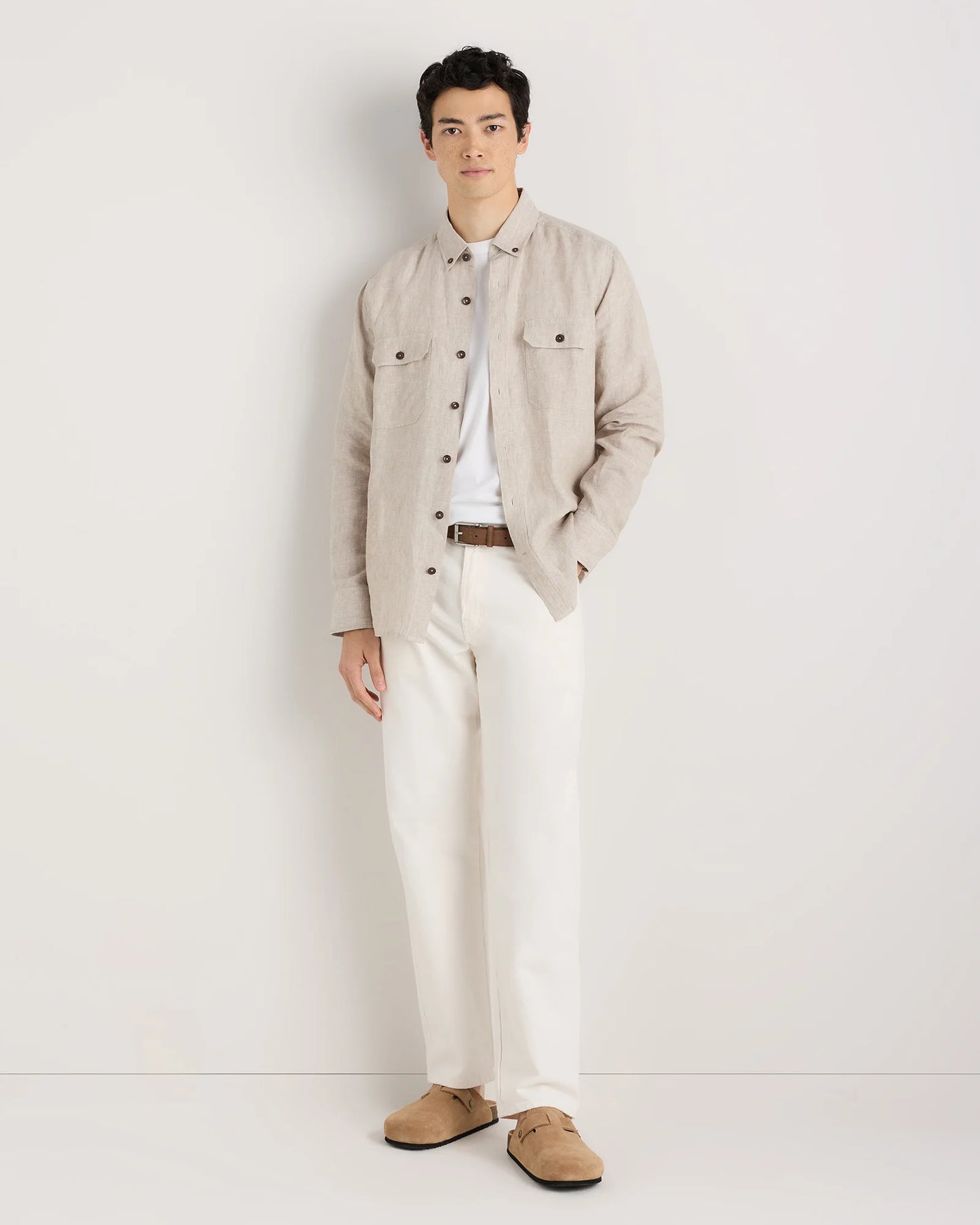 100% European Linen Utility Shirt - S / Taupe Brown Chambray
