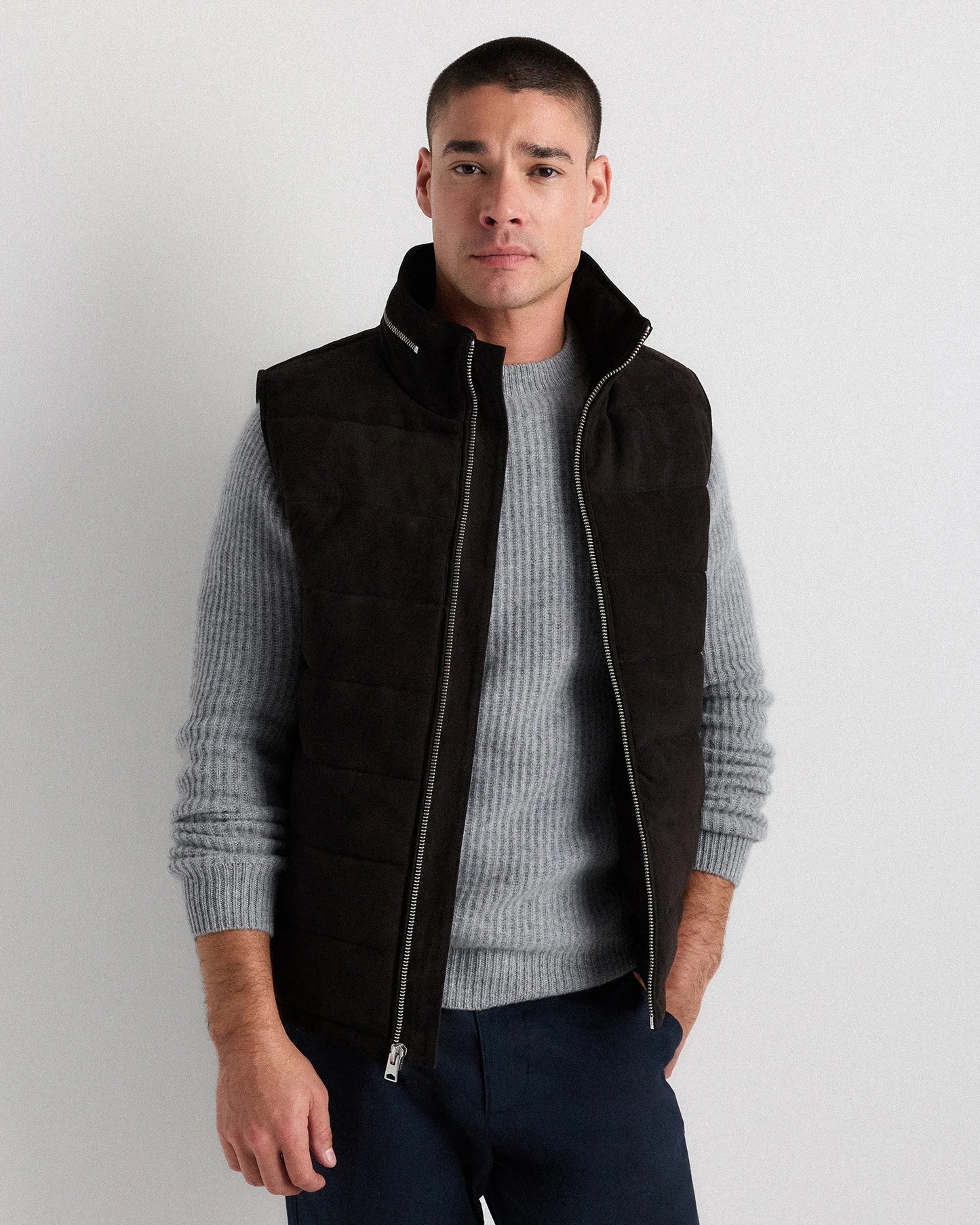 100% Suede Puffer Vest - S / Charcoal Black