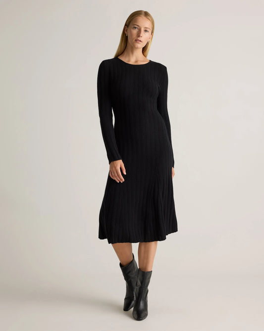 Mongolian Cashmere Wide-Rib Midi Dress - XS / Black
