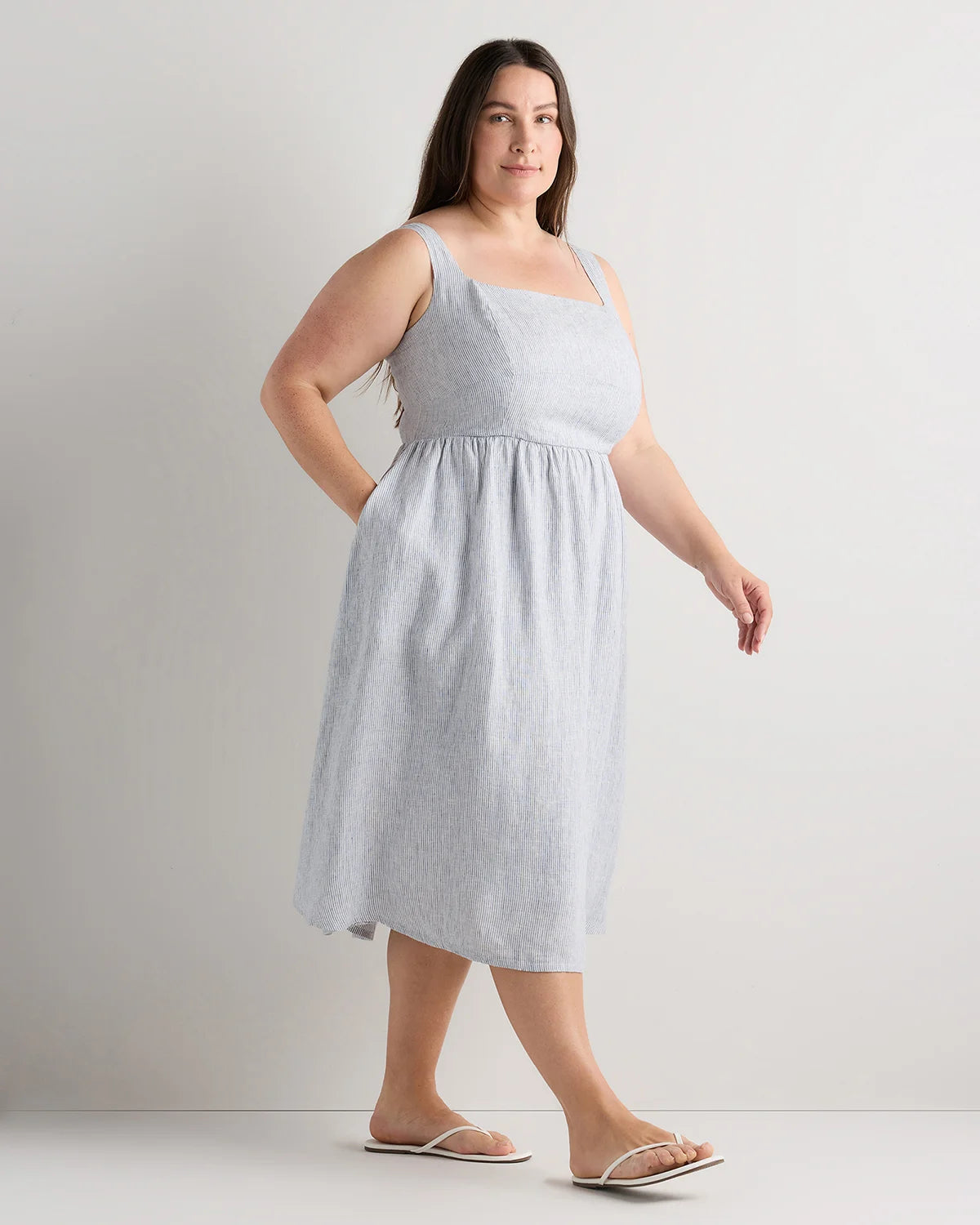 100% European Linen Fit & Flare Midi Dress - 1X / Chile