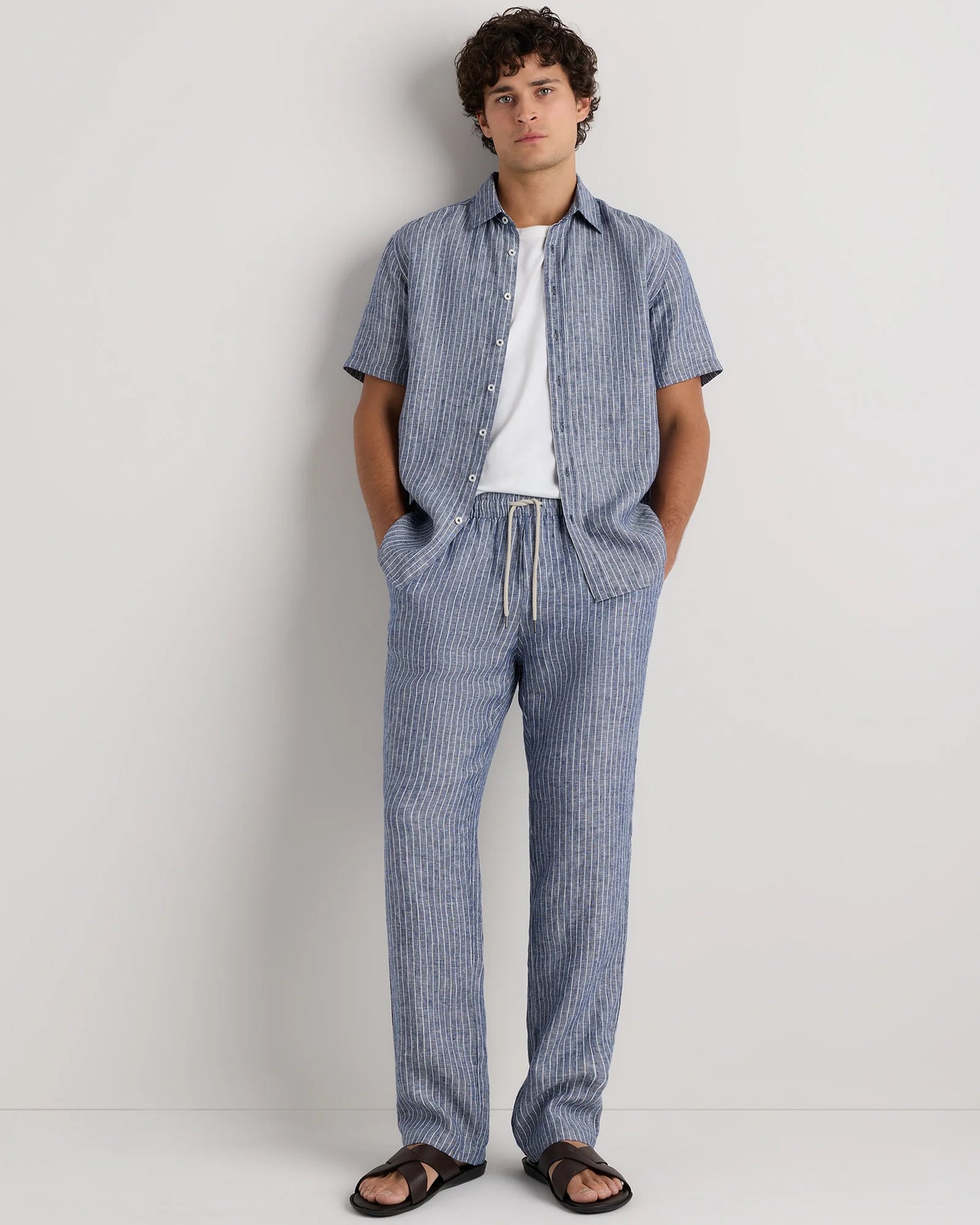100% European Linen Drawstring Beach Pants - XS / Taupe Brown Chambray