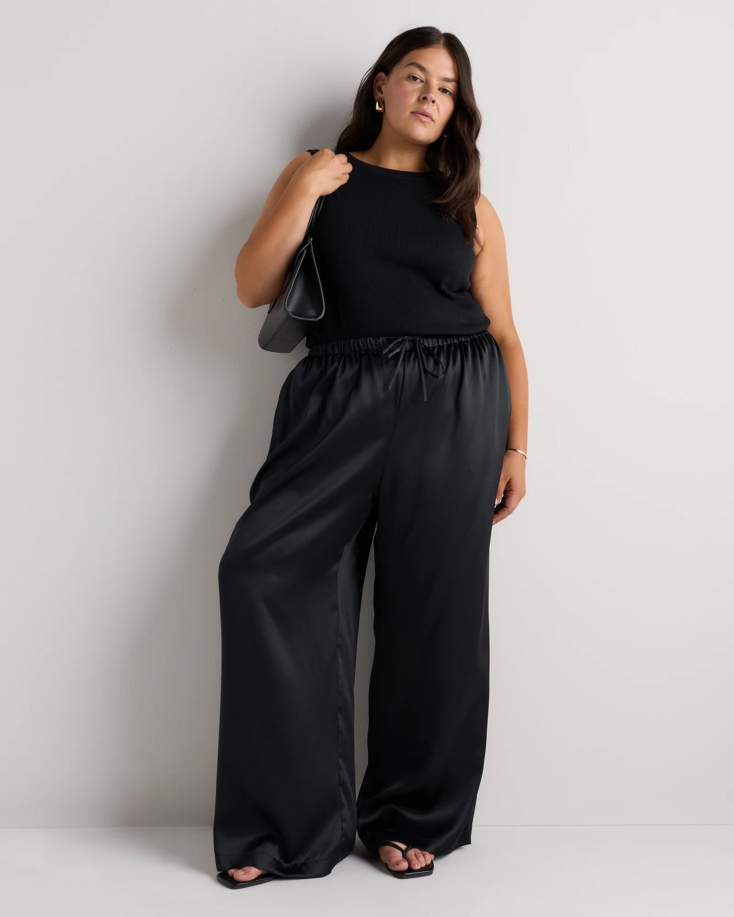 100% Washable Silk Drawstring Wide Leg Pants - 1X / Black