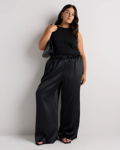 100% Washable Silk Drawstring Wide Leg Pants - 1X / Black