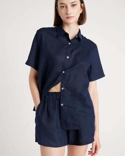 100% European Linen Shorts Pajama Set - XS / French Blue