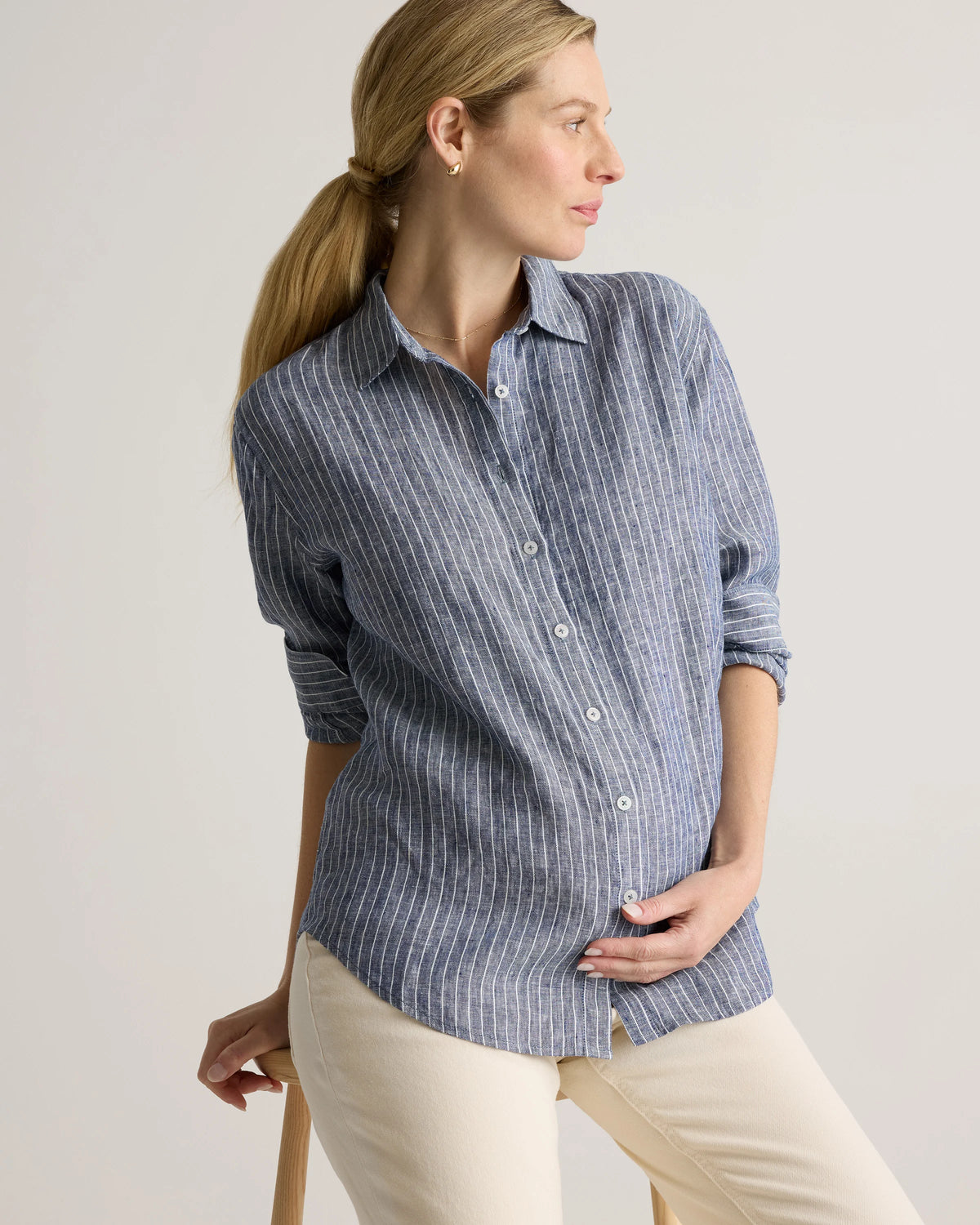 100% European Linen Maternity Long Sleeve Shirt - XS / Blue Pinstripe