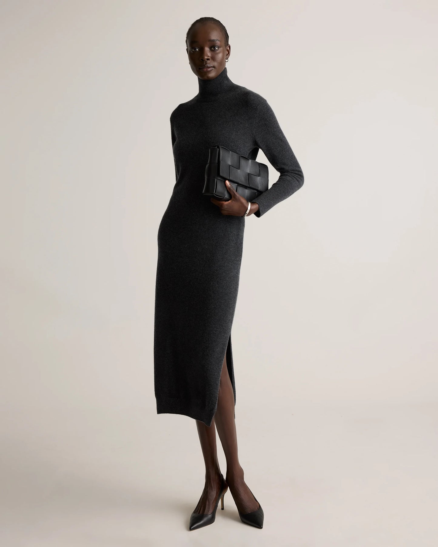 Mongolian Cashmere Turtleneck Midi Sweater Dress - XS / Charcoal