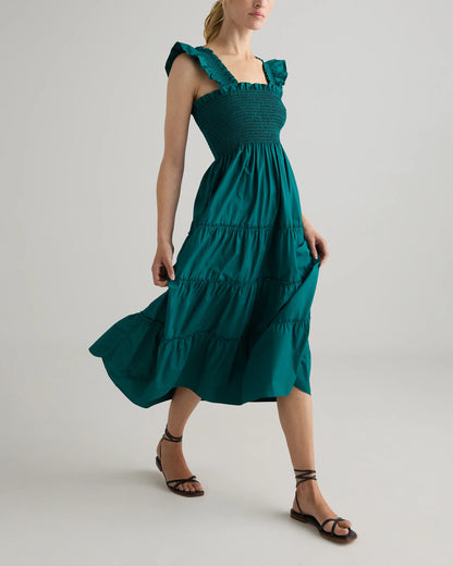 100% Organic Cotton Poplin Smocked Midi Dress - XS / Riviera Blue Heirloom Floral