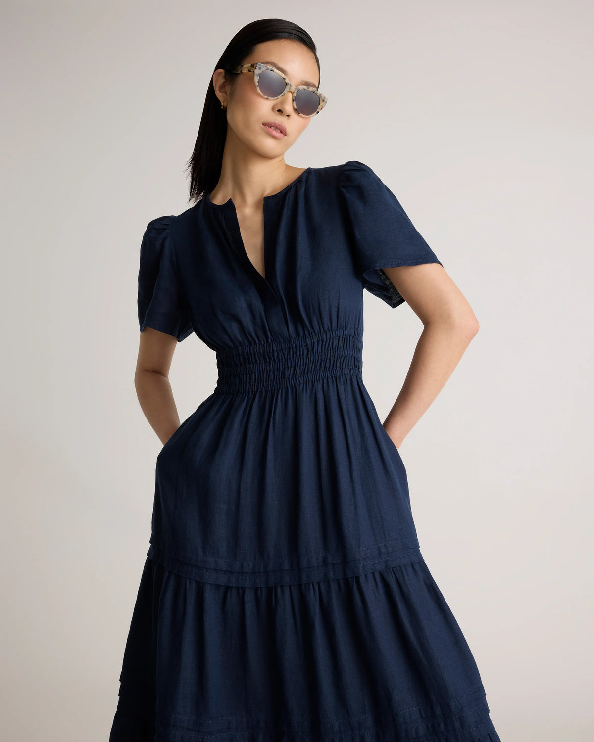 100% European Linen Tiered Maxi Dress - XS / Deep Navy
