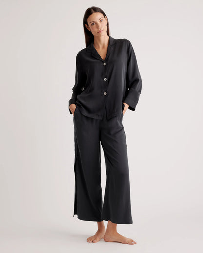 100% Washable Silk Pajama Long Sleeve Top - XS / Black