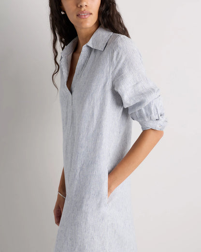 100% European Linen Popover Maxi Dress - XS / Blue Pinstripe