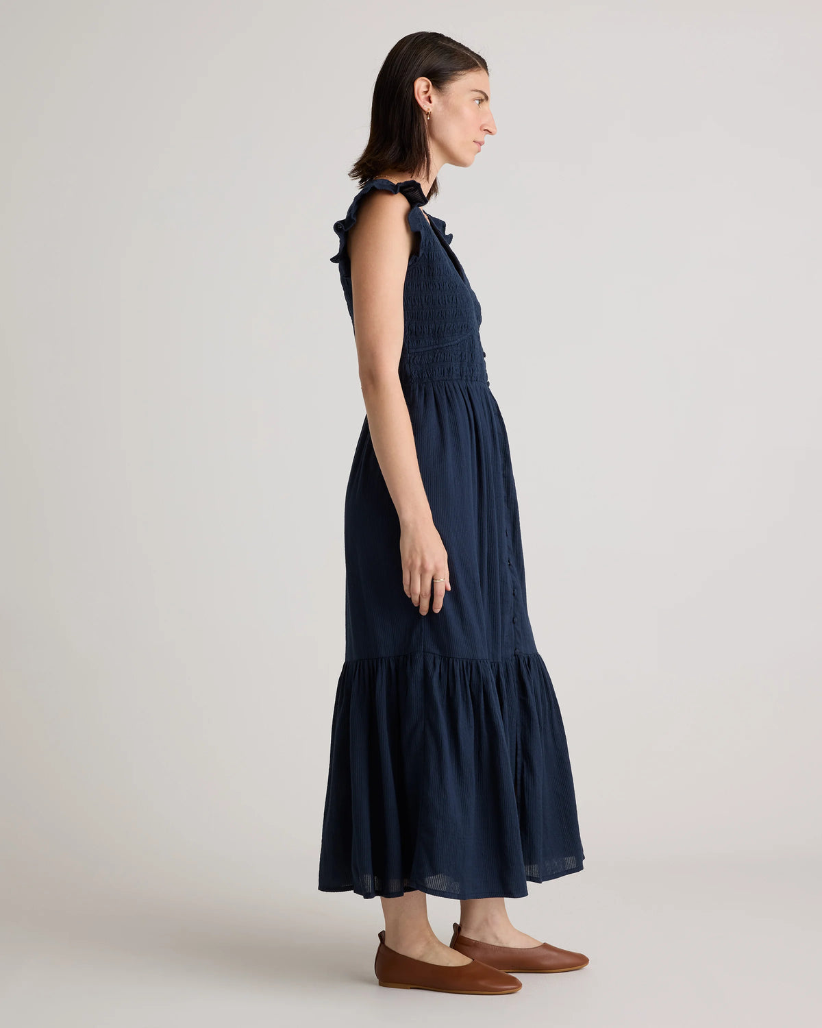 Organic Textured Cotton Smocked V-Neck Midi Dress - XS / Pale Custard Yellow