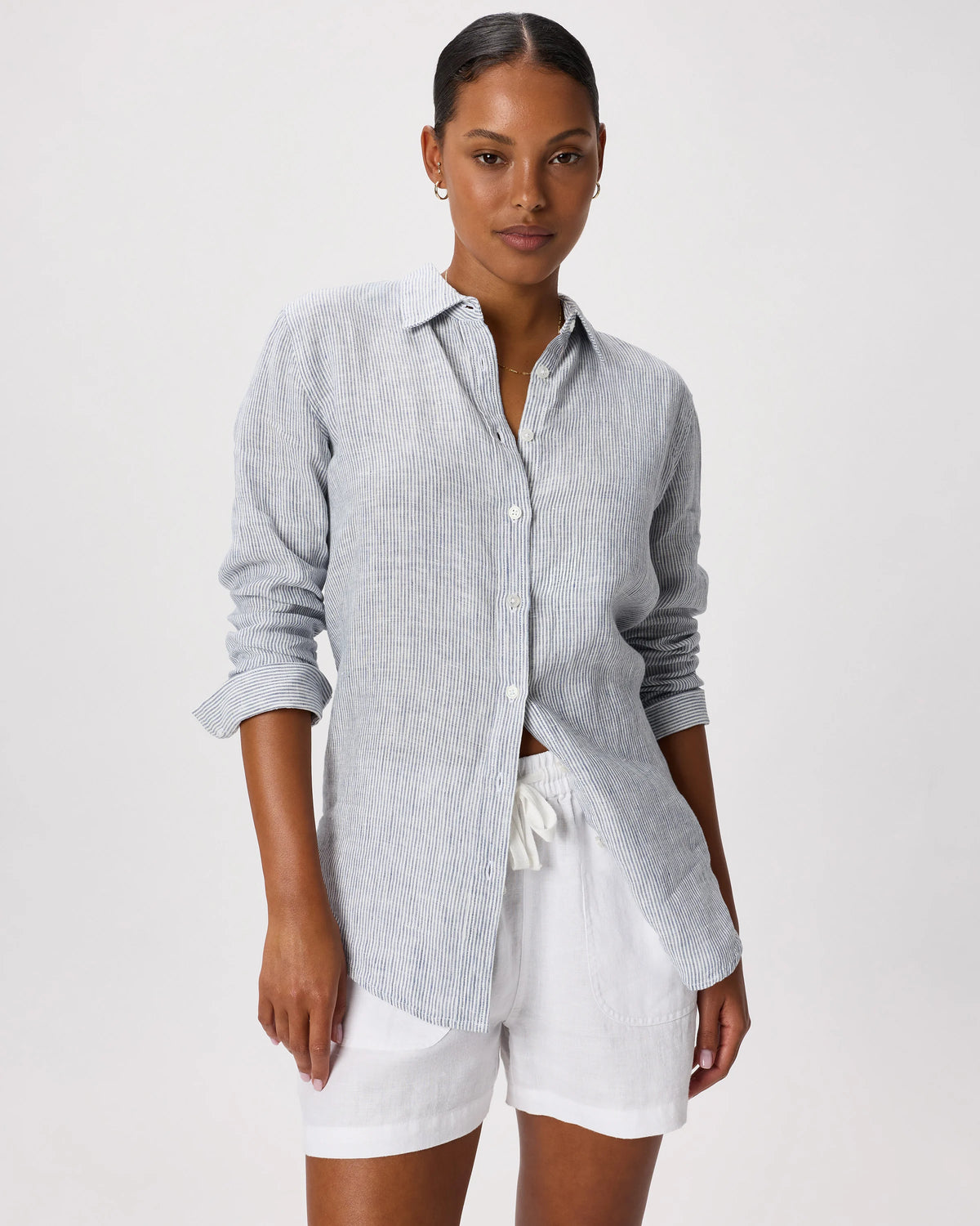 100% European Linen Long Sleeve Shirt - XS / Blue Pinstripe