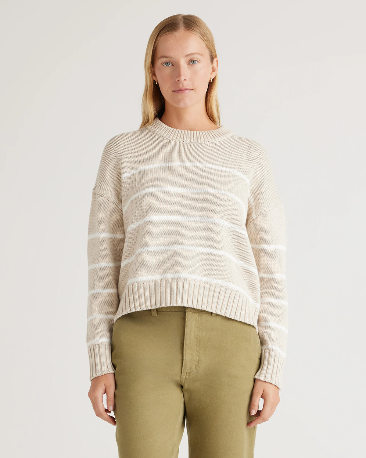 100% Organic Cotton Striped Crew Sweater - XS / Heather Brown/Ivory