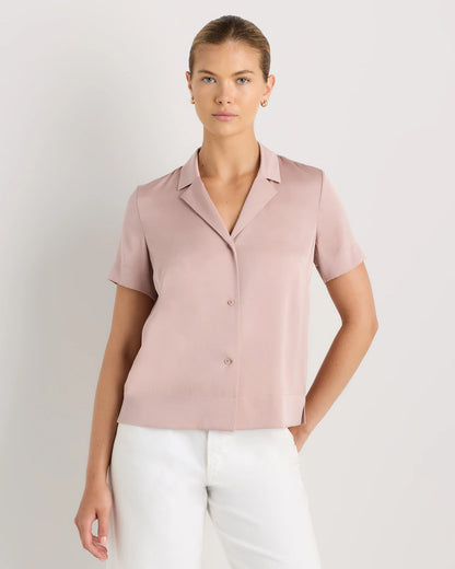 Washable Stretch Silk Short Sleeve Notch Collar Blouse - XS / Vintage Pink