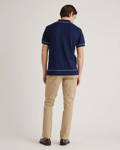 Organic Cotton-Silk Tipped Button Down Polo Sweater - S / Navy/Ivory