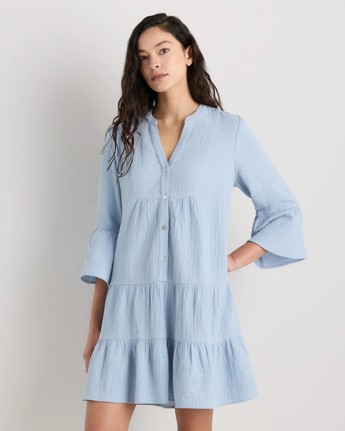 100% Organic Cotton Gauze Long Sleeve Tiered Mini Dress - XS / Amaranth Pink