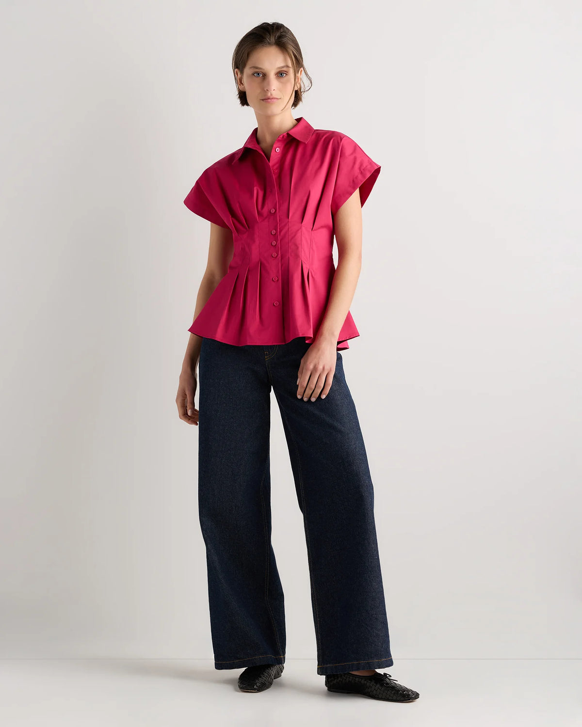 Stretch Twill Pleated Short Sleeve Shirt - XS / Amaranth Pink