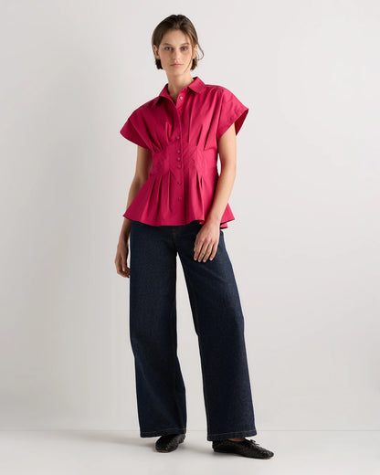 Stretch Twill Pleated Short Sleeve Shirt - XS / Amaranth Pink