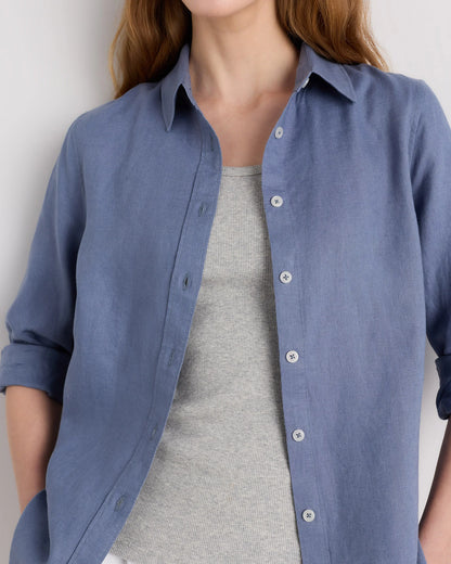 100% European Linen Long Sleeve Shirt - XS / Blue Pinstripe