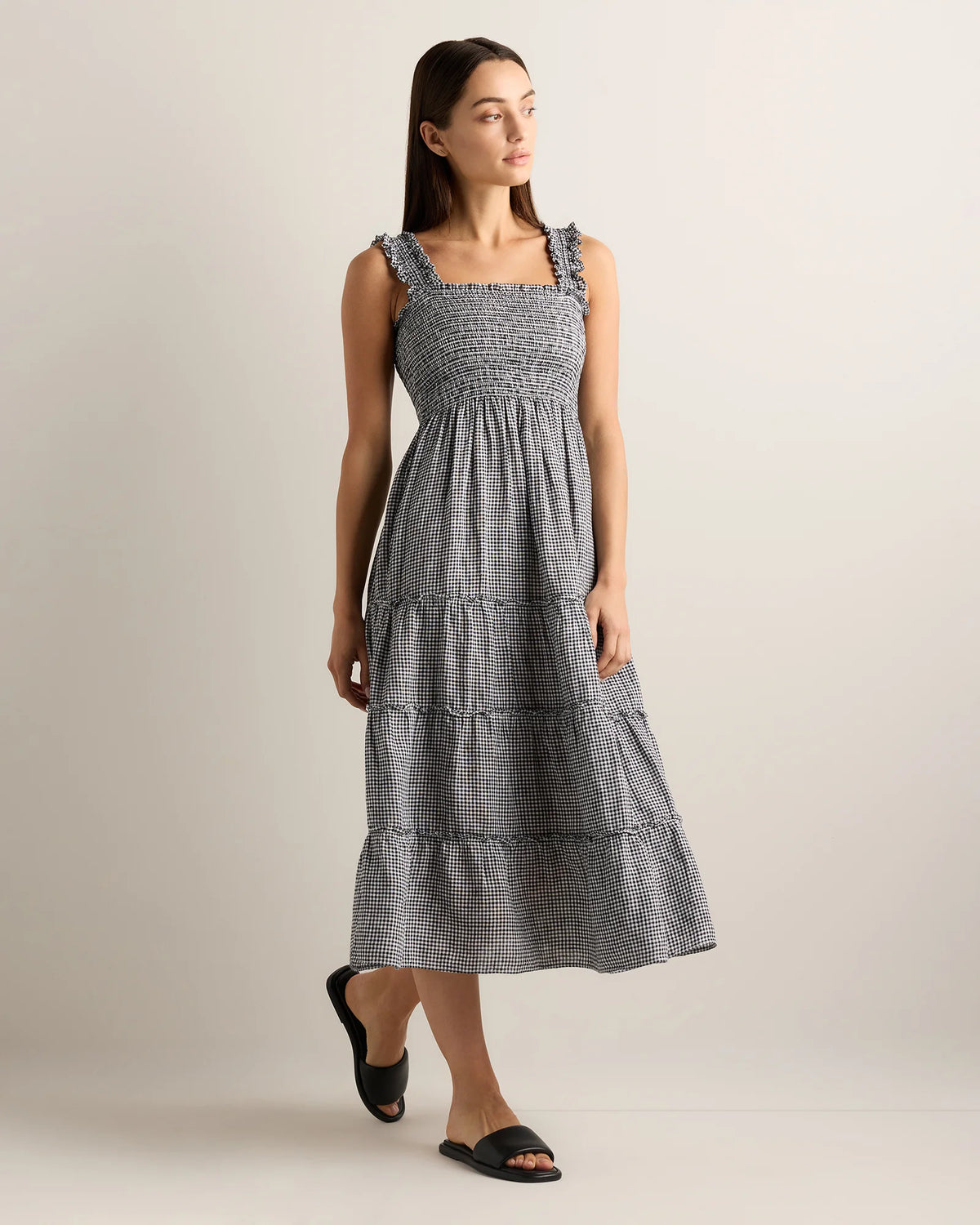 100% European Linen Smocked Midi Dress - XS / Ivory Porcelain Blue Petite Floral