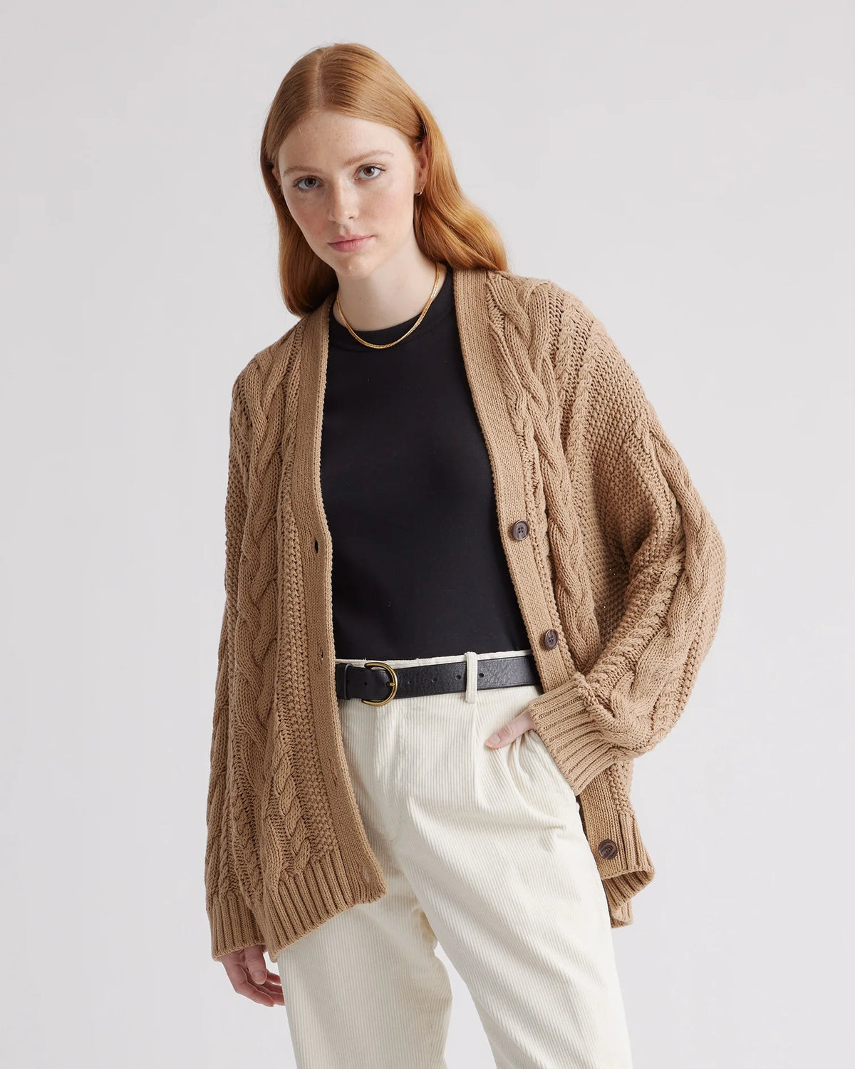 100% Organic Cotton Oversized Cable Cardigan - XS / Heather Brown