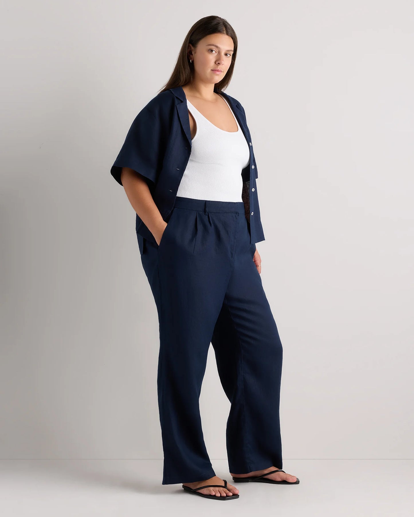 100% European Linen Pleated Trouser - 18 / French Blue