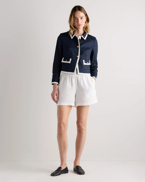 European Stretch Linen Cropped Lady Jacket - XS / Deep Navy/Ivory