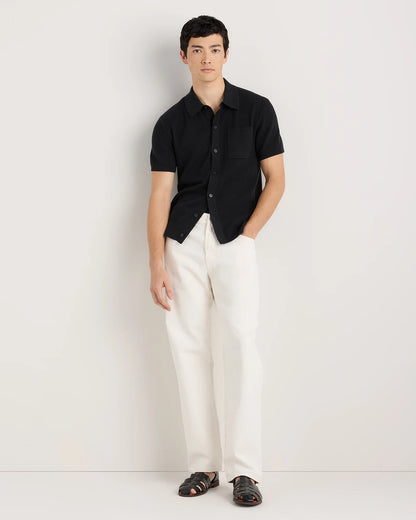 100% Organic Cotton Mesh-Stitch Button-Up Sweater Polo - XS / Speckled Beige