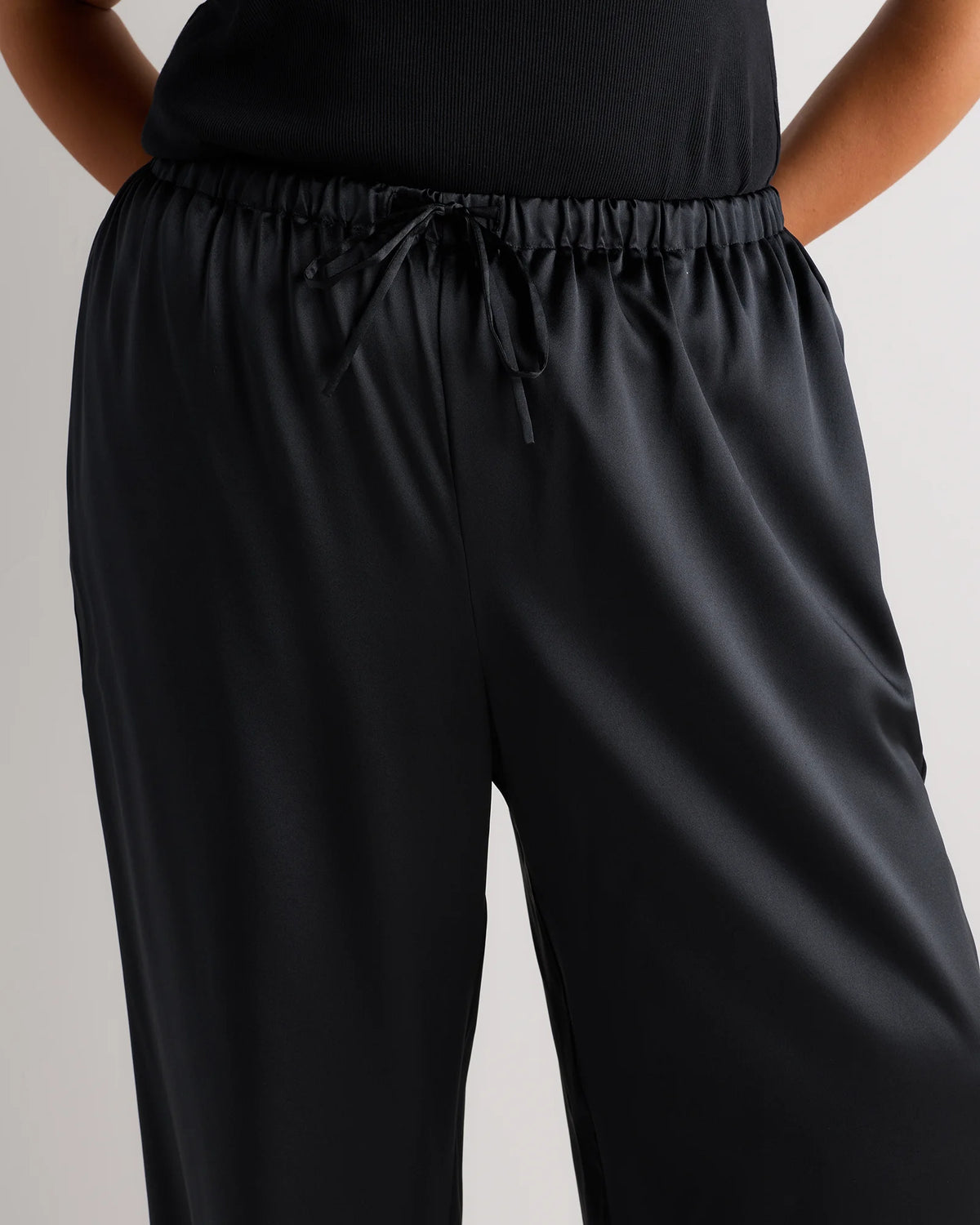 100% Washable Silk Drawstring Wide Leg Pants - 1X / Black