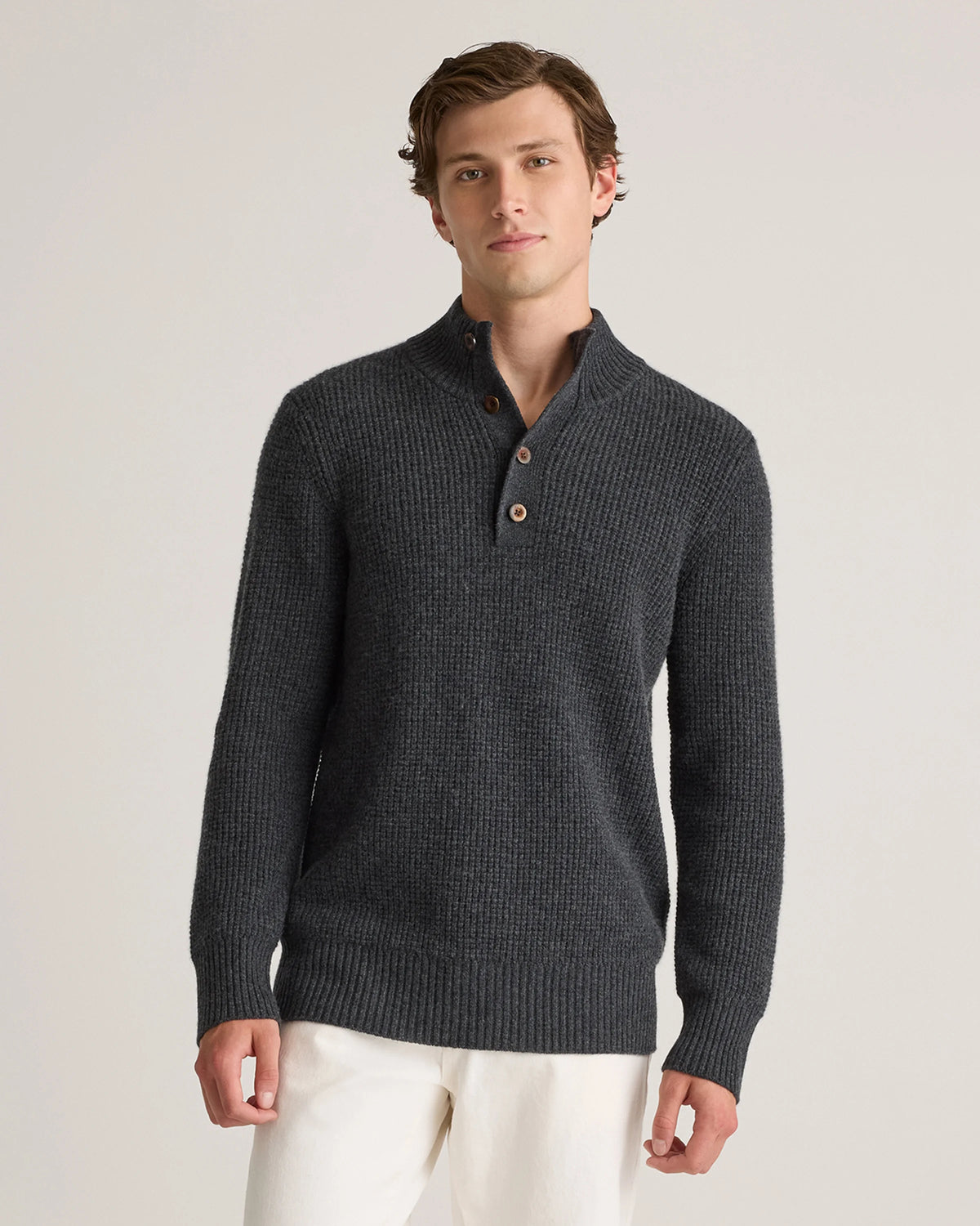 Mongolian Cashmere Waffle Quarter Button Sweater - S / Elk Brown