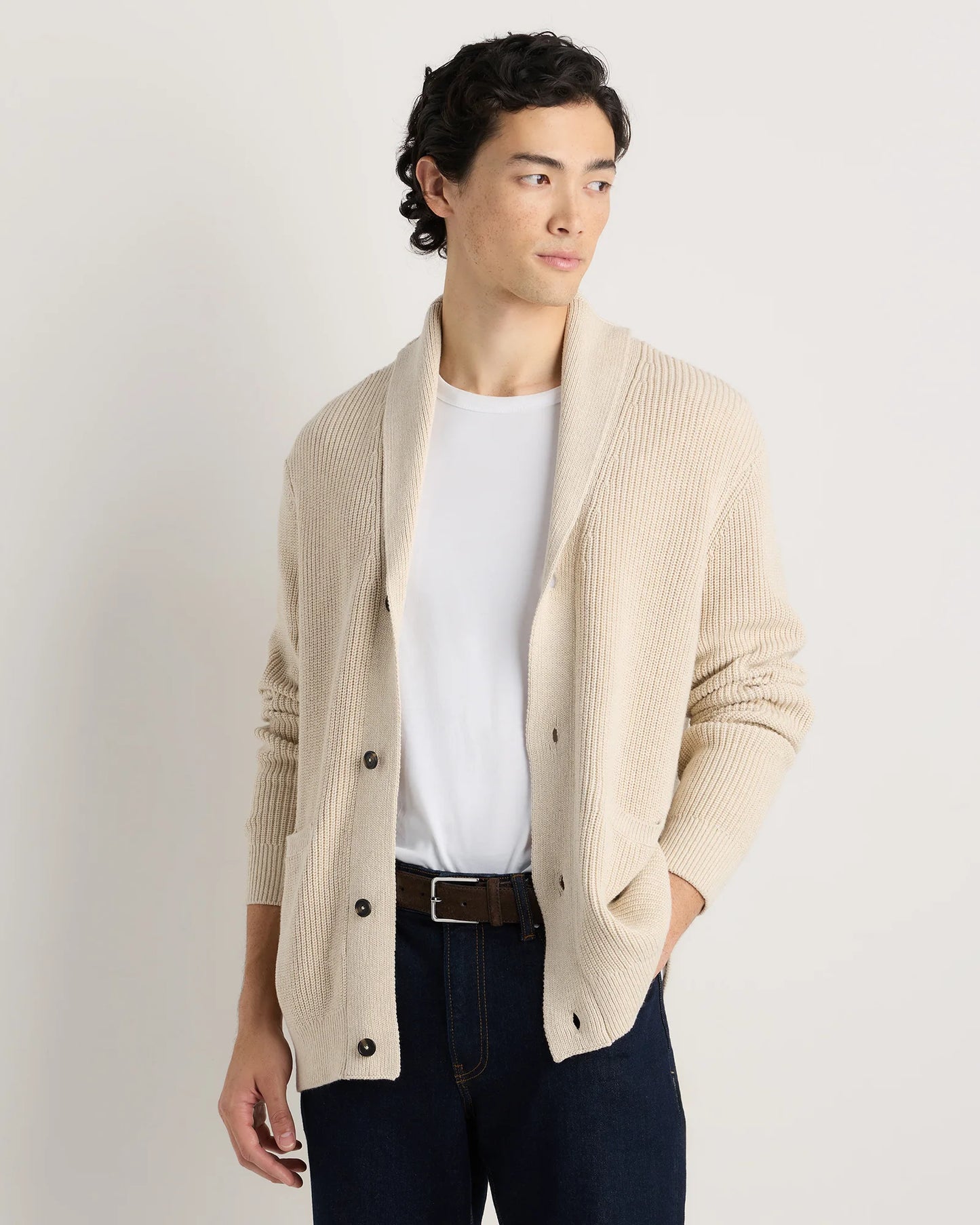 100% Organic Cotton Ribbed Shawl-Collar Cardigan Sweater - S / Bayberry Olive