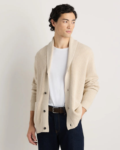 100% Organic Cotton Ribbed Shawl-Collar Cardigan Sweater - S / Bayberry Olive
