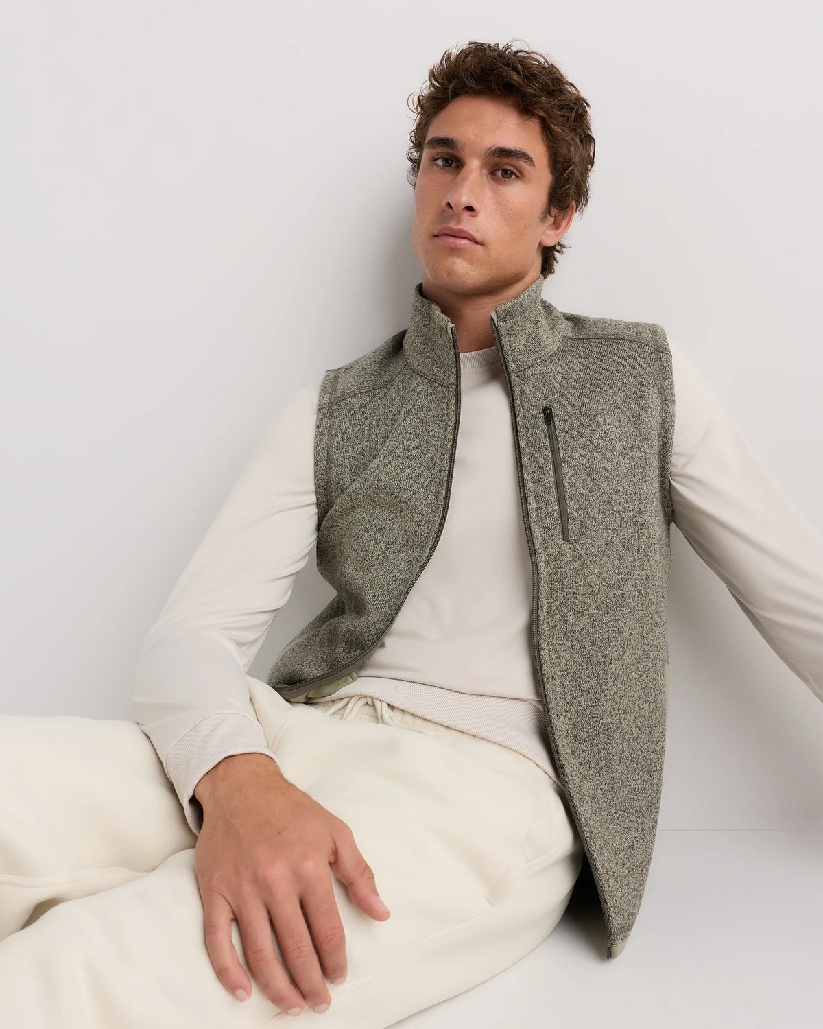Sweater-Knit Fleece Full-Zip Vest - S / Heather Mineral Green