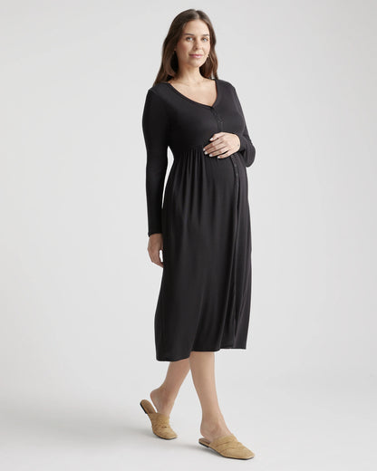 Tencel Rib Maternity & Nursing Button Front Dress - XS / Black
