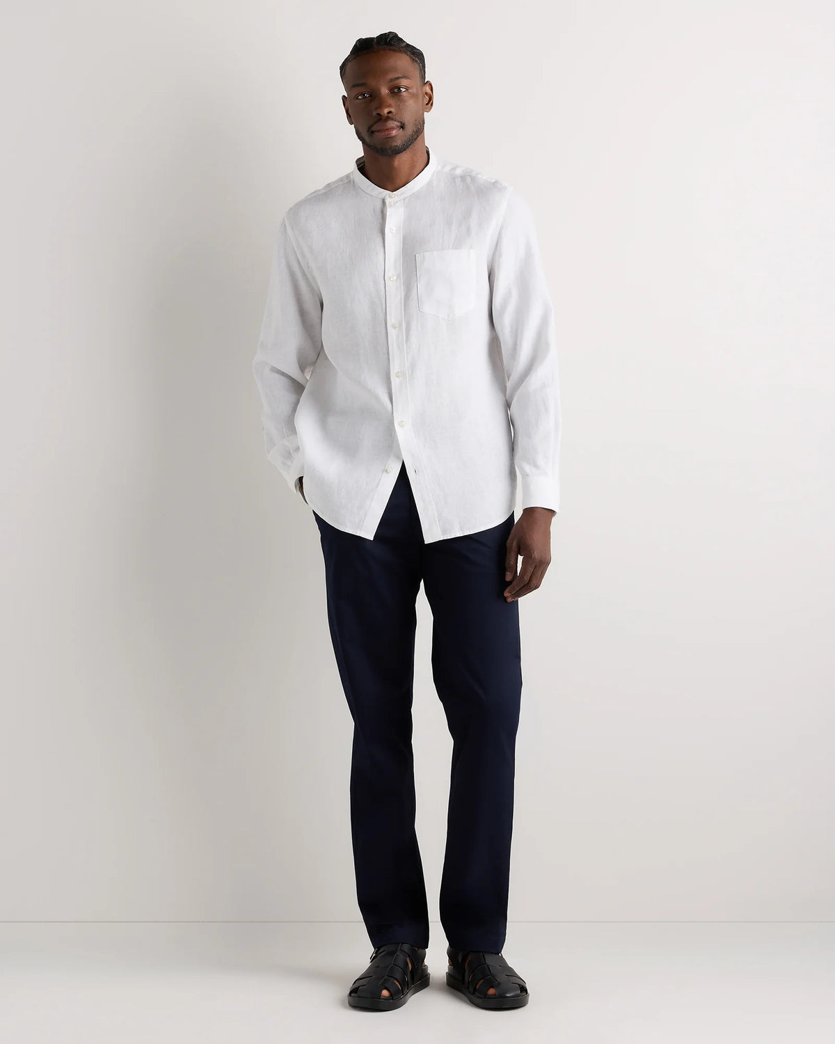 100% European Linen Relaxed Band Collar Shirt - S / White