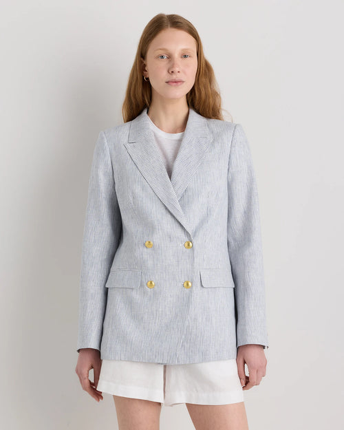100% European Linen Relaxed Double-Breasted Blazer - XS / Blue Pinstripe
