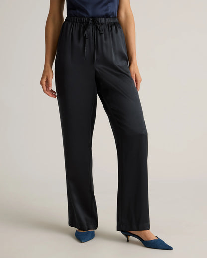 100% Washable Silk Drawstring Wide Leg Pants - XS / Black