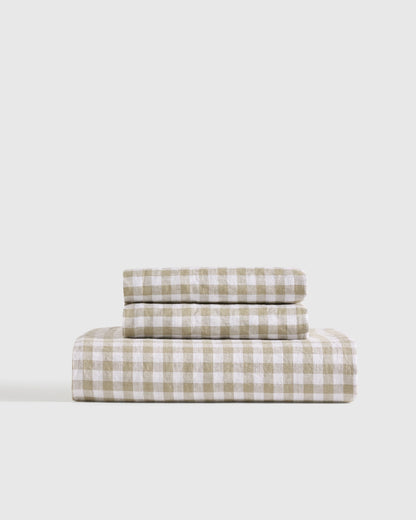 European Linen Gingham Fitted Sheet Set - Twin / Blue Fog
