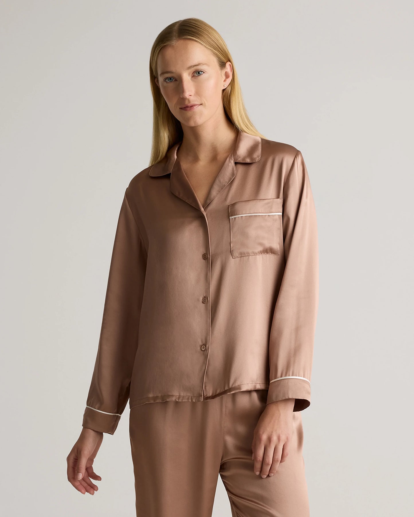 100% Washable Silk Satin Pajama Long Sleeve Top - XS / Toasted Almond