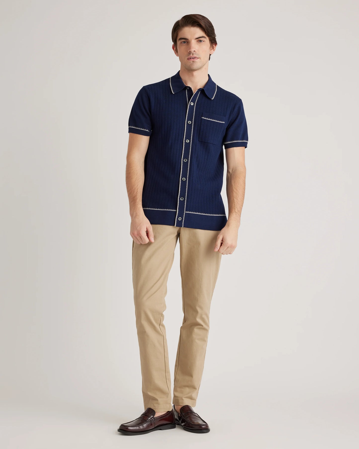 Organic Cotton-Silk Tipped Button Down Polo Sweater - S / Navy/Ivory