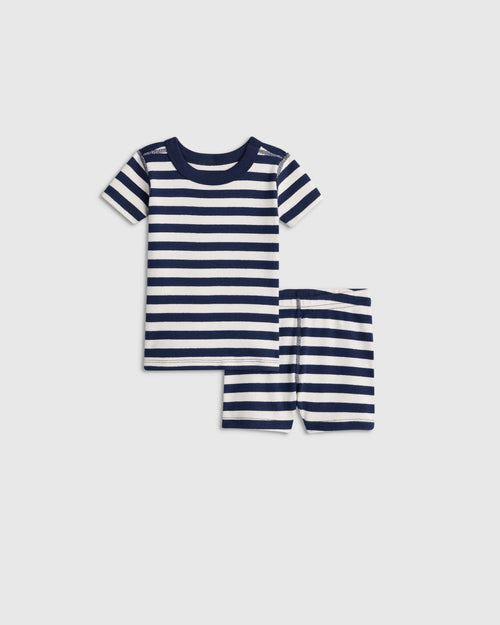 100% Organic Cotton Short Sleeve and Shorts Pajama Set - 12-18M / Navy Stripe