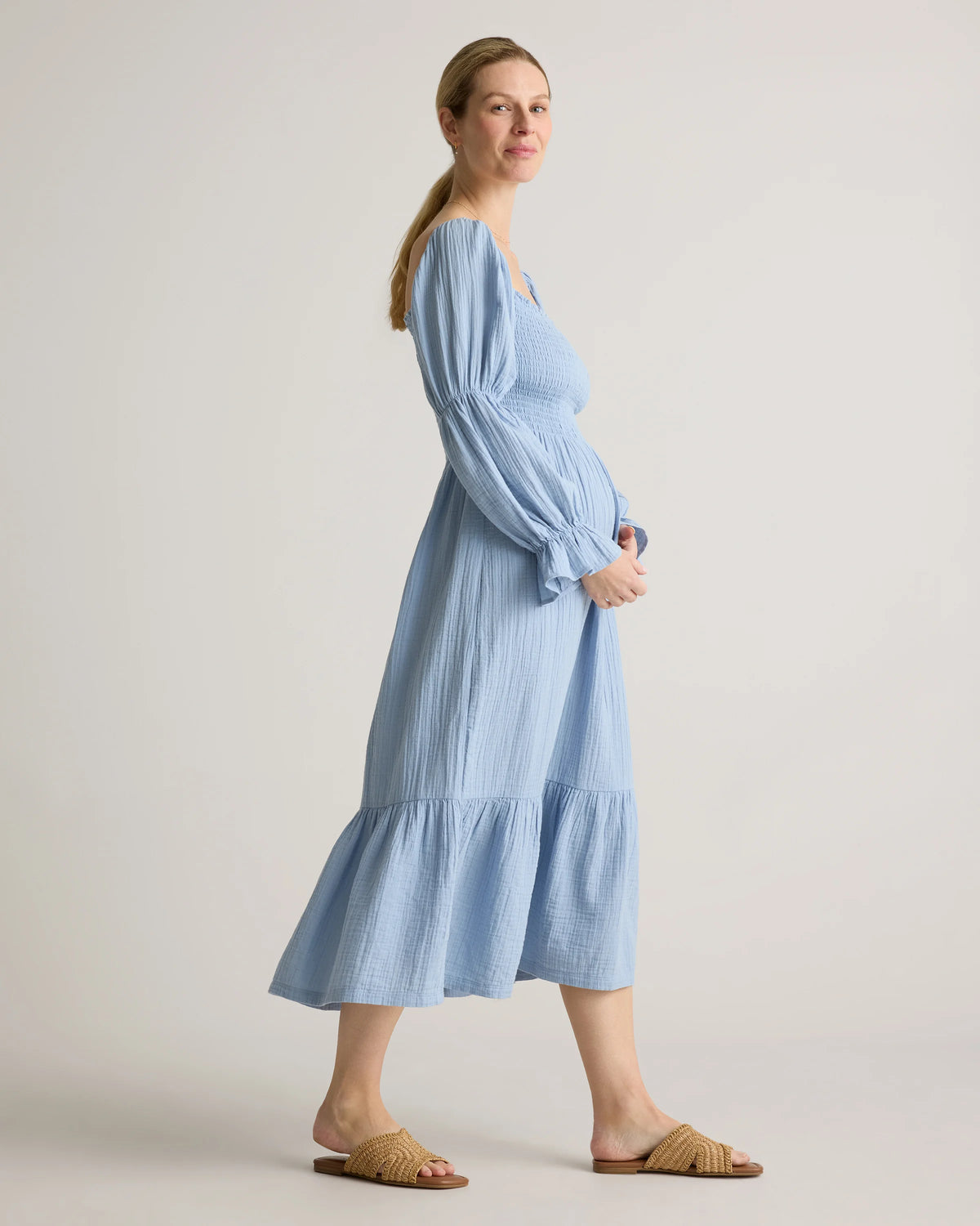 100% Organic Cotton Gauze Maternity Smocked Midi Dress - XS / Wild Cherry