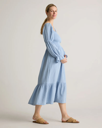 100% Organic Cotton Gauze Maternity Smocked Midi Dress - XS / Wild Cherry