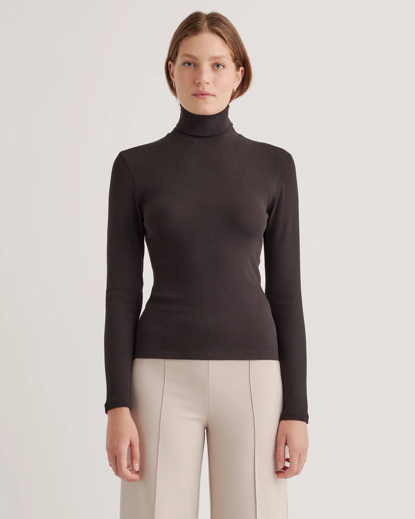 Organic Cotton Micro-Rib Turtleneck - XS / Taupe Brown