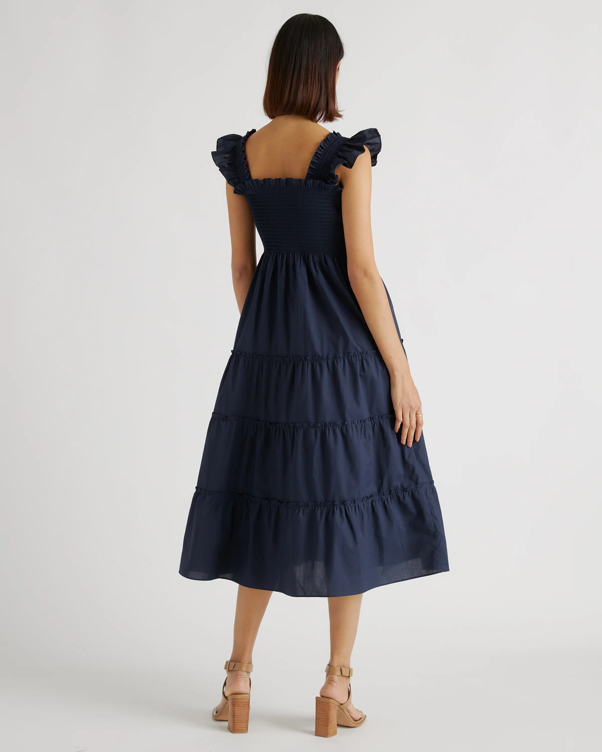100% Organic Cotton Poplin Smocked Midi Dress - XS / Riviera Blue Heirloom Floral