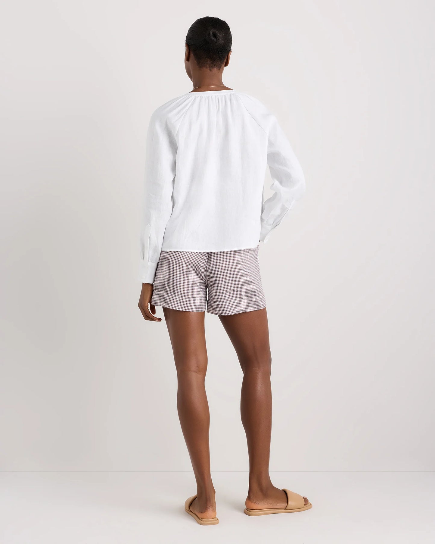 100% European Linen Shorts - XS / Taupe Brown Gingham