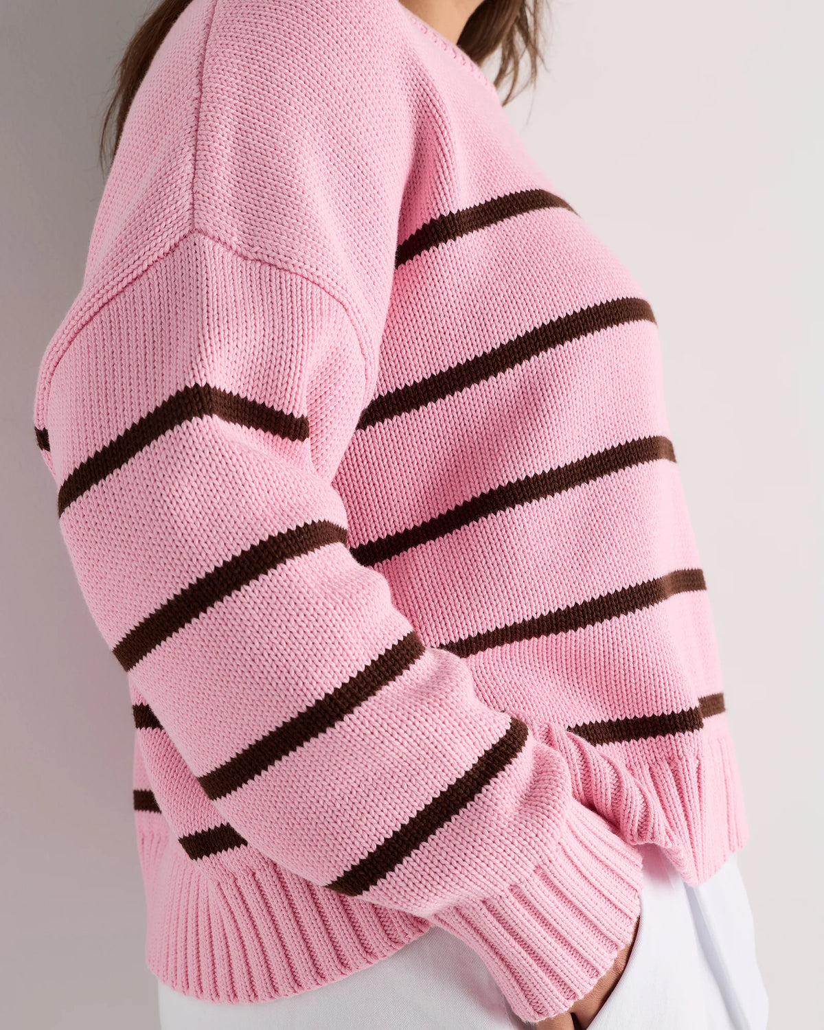100% Organic Cotton Striped Crew Sweater - 1X / Speckled Beige/Ivory